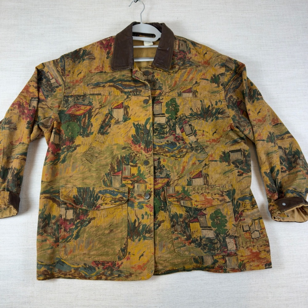 Vintage Tapestry Chore Jacket Landscape Village Print Leather Collar Multicolor
